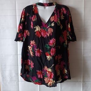 MAEVE Anthropologie Black Tropical Floral Choker Keyhole Top 1X